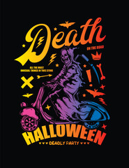 Death on a Scooter. Halloween Poster. Original vector illustration in vintage style. T-shirt design.