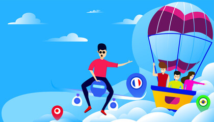 Fototapeta premium illustration of a man who is promoting a trip around the world with three customers riding in a balloon