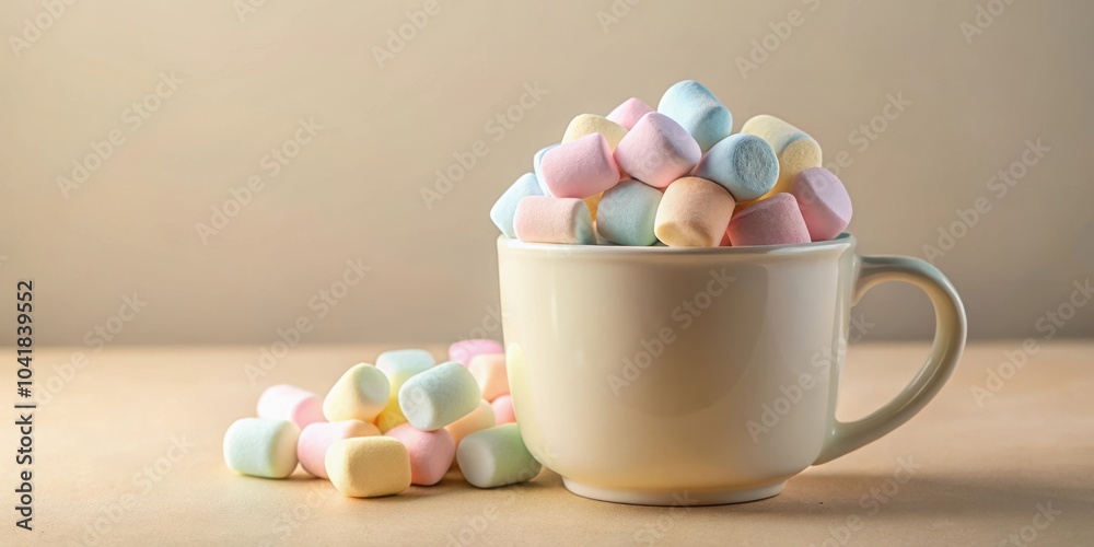 Poster a cup overflowing with pastel-colored marshmallows, spilling onto a surface, creating a sweet and in