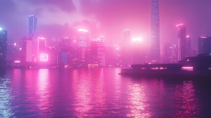Naklejka premium Futuristic skyline at night with vibrant neon lights