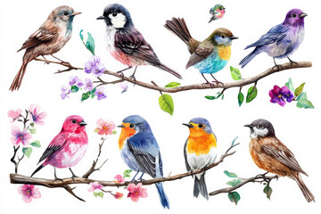 Fototapeta premium A vibrant watercolor set of wild birds, each delicately painted with intricate feather details, perched on branches. Includes species like robins, sparrows, and hummingbirds. Perfectly isolated on a