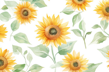 A charming watercolor illustration of sunflowers in full bloom, paired with green leaves and hand-drawn in a delicate summer style. Each element is isolated on a white background, ideal for floral