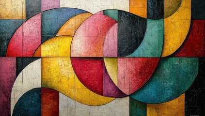 An abstract painting with geometric shapes in various colors, including reds and yellows. 