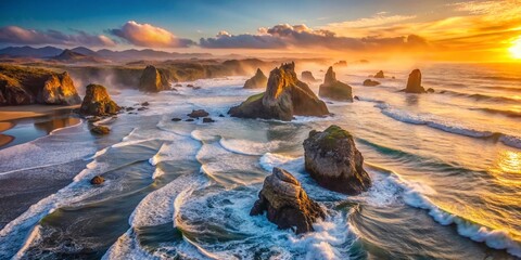 Obraz premium Drone Photography of Bandon Beach Rocks on a Cold Morning - Stunning Coastal Landscape