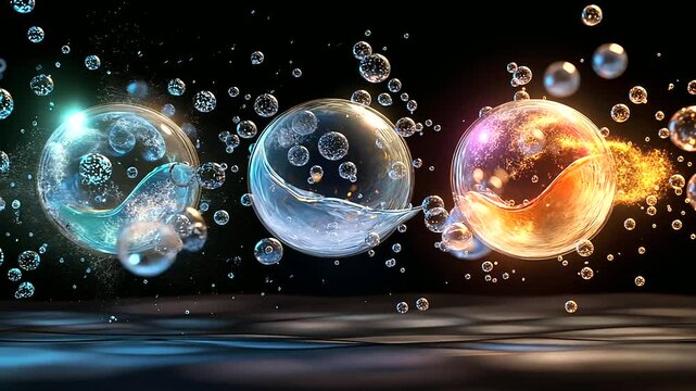 Molecules shifting from solid, liquid, and gas forms, showing the versatility of atomic structures &ndash; A dramatic representation of the flexibility and creativity of atoms as they bu