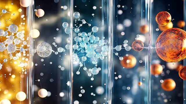 Molecules shifting from solid, liquid, and gas forms, showing the versatility of atomic structures &ndash; A dramatic representation of the flexibility and creativity of atoms as they