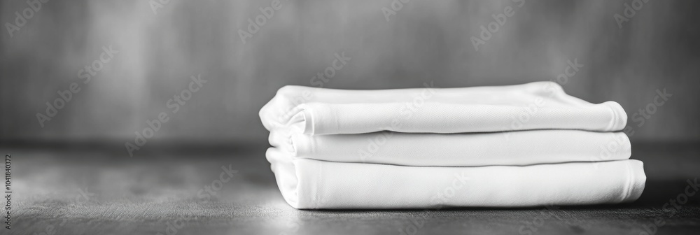 Poster neatly folded minimalist sportswear rests on a smooth table, showcasing a clean and organized space 