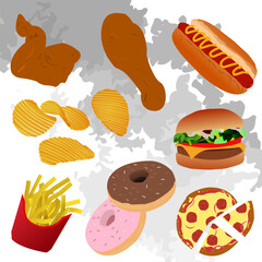 some junk food and fast food with white watercolor background