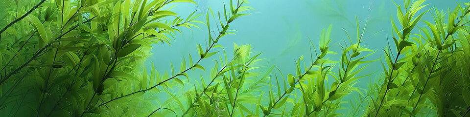 Fototapeta premium Underwater Plants - Soft green underwater plants sway gently in the water, creating a peaceful scene on a blue-green background.