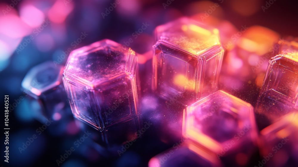 Poster the scene features hexagonal crystals shimmering in various shades of purple and orange. the vibrant