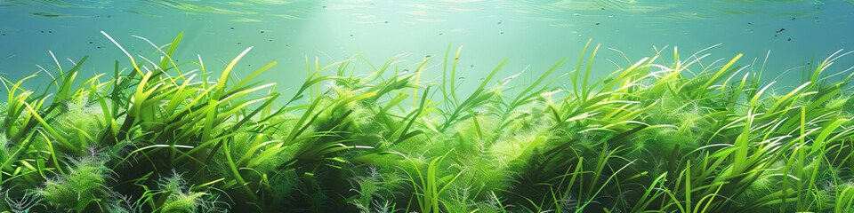 Underwater Plants - Soft green underwater plants sway gently in the water, creating a peaceful scene on a blue-green background.