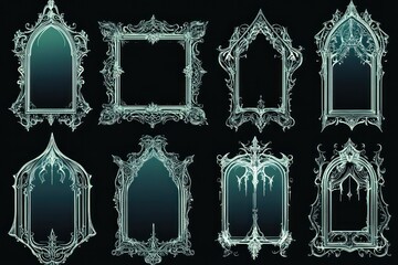 a series of vector illustrations depicting ornate gothic picture frames combining gothic and art nouveau
