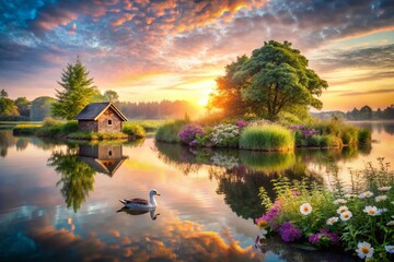 Obraz premium Duck House on Island in Lake - Tranquil English Countryside Retreat