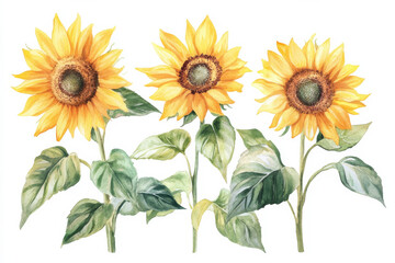 A beautiful watercolor set of sunflowers, featuring bright yellow petals and green leaves, hand-drawn with soft summer tones. The flowers are isolated on a white background, perfect for elegant floral