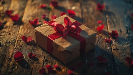 Red gift box with rose petals scattered on wooden background