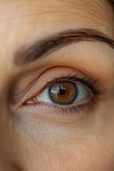 A middle-aged Brazilian woman eye with a pencil-groomed eyebrow, elegantly shaped with clean, defined strokes. The arch enhances her modern and stylish appearance.