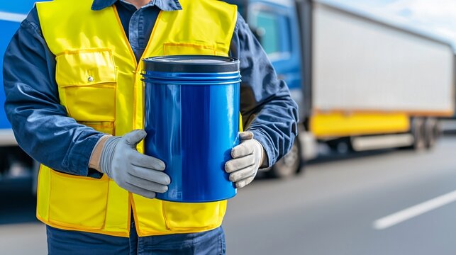 Worker Holding a Blue Container.