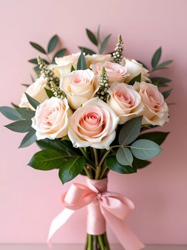 Photo of a Stunning bouquet of fresh elegant Pink and White Flower wrapped with a soft pink ribbon
