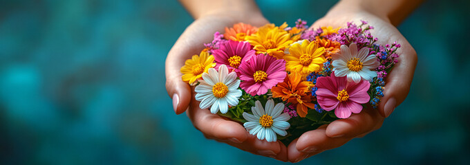 A vibrant array of wildflowers in open hands, ideal for Mother's Day cards, charity events, or heartfelt messages celebrating love and care.