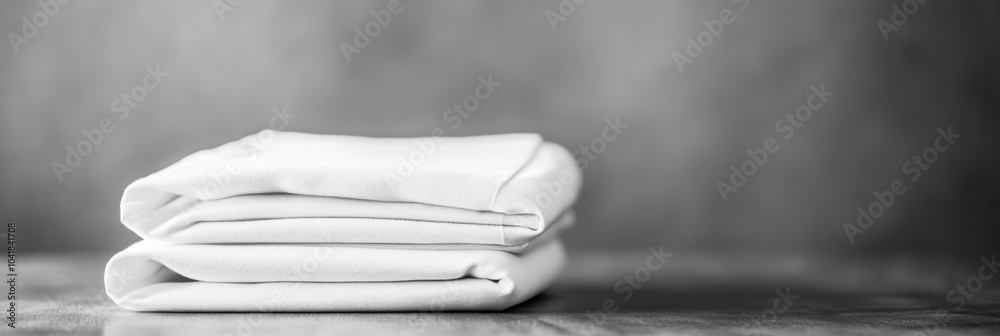 Poster a collection of minimalist sportswear is meticulously folded on a smooth table, showcasing simplicit