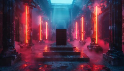 Midnight Carnival: Halloween Sale Black Podium,  black podium is set at the heart of an abandoned, haunted carnival. The twisted remains of carnival rides loom in the foggy background,