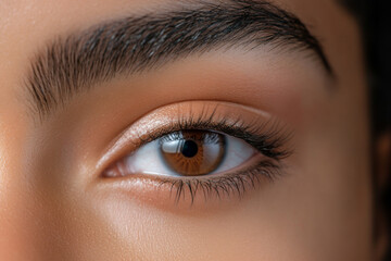 Obraz premium A young Hispanic woman eye with a sharp, stylish eyebrow, groomed with a pencil to perfection. The clean lines and smooth arch give her a bold and fashionable look.