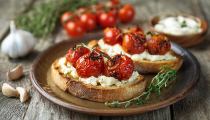 Toasts with baked cherry tomatoes, cottage cheese, thyme and garlic. Tasty snack. Delicious food.