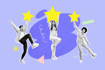 Composite photo collage of three happy business people star review evaluation client service...