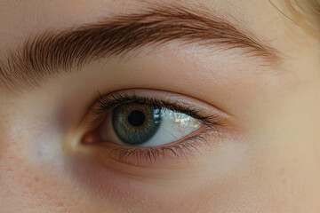 Obraz premium Close-up of a young Caucasian woman eye with a well-groomed, perfectly arched eyebrow shaped with a pencil. The sharp, defined lines create a modern, polished look.