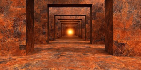 Obraz premium A surreal corridor of rust-colored frames leading to a bright light.