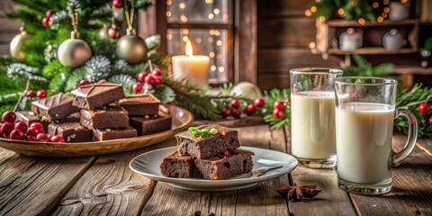 Fototapeta premium A cozy holiday scene with a stack of chocolate brownies and two glasses of milk, surrounded by Christmas decorations and a warm candle glow.