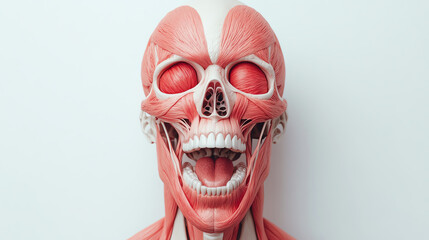 Fototapeta premium A detailed anatomical model showcasing human musculature and skeletal structure against a white isolated background.