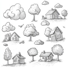 A collection of quick, hand-drawn doodles featuring clouds, trees, and houses, capturing the essence of a tranquil landscape. Generative AI