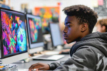 An African American student in high school is deeply focused on creating imaginative digital art using AI technology. The colorful screens and advanced tools symbolize the transformative power of the