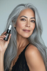 Fototapeta premium A radiant Hispanic woman with silver-grey hair and youthful, glowing skin holds an anti-aging serum with confidence. Her graceful beauty shines through her smooth and healthy complexion.