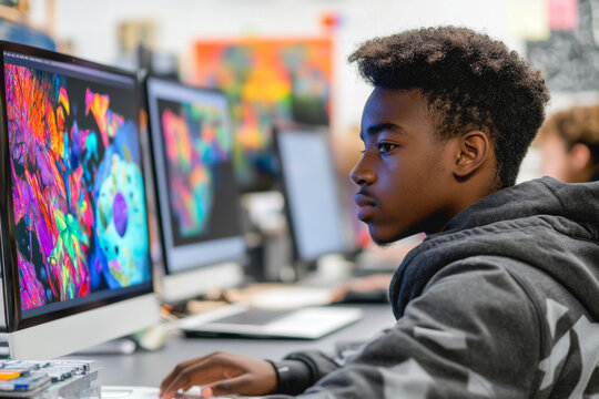 An African American student in high school is deeply focused on creating imaginative digital art using AI technology. The colorful screens and advanced tools symbolize the transformative power of the