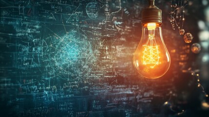 Lightbulb on a chalkboard with math formulas for concept of new ideas and inspiration