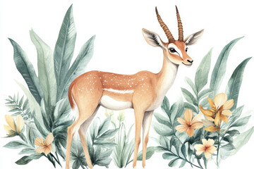 A soft watercolor illustration of a gazelle standing in a field of tropical leaves and flowers. The gazelle slender horns and graceful posture are hand-painted, isolated on a white background for