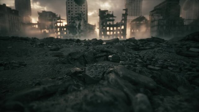 The concept of ending the war. Destroyed city after the war