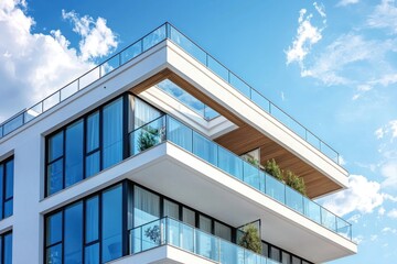 Obraz premium A modern building with glass balconies and a wooden overhang, showcasing contemporary architecture against a blue sky.