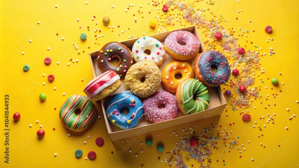 Aufkleber a colorful collection of glazed donuts in a cardboard box surrounded by sprinkles and candy on a vib