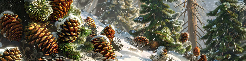 Fototapeta premium Brown and Green Pine Cones Cascading Down a Snowy Mountain