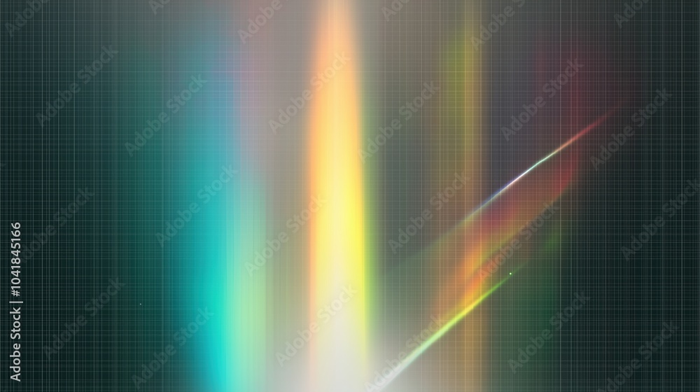 Poster northern lights with rainbow light effect and film grain overlay on a black transparent background, 