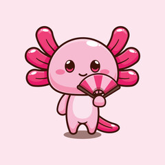 axolotl with hand fan. mascot cartoon character vector illustration.