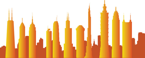 A stunning vector illustration depicting a city skyline with skyscrapers, showcasing various architectural styles against a vibrant sky. Perfect for urban-themed projects, real estate promotions.