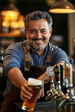 A middle-aged Hispanic bartender smiling as they pour craft beer from a selection of taps, each beer with distinct characteristics. The warm, inviting pub creates a lively yet relaxed atmosphere.