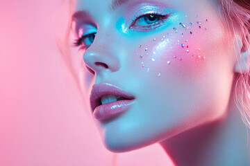 A young Caucasian woman with a vibrant makeup look in shades of pink and turquoise, highlighted by sparkling crystal accents on her cheekbones. The colors are vivid, creating a playful and dreamy