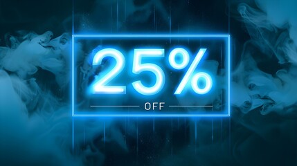 Glowing Blue '25% OFF' Neon Sign in a Luxurious Setting