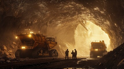 Inside a mine, workers manage heavy-duty equipment for mineral extraction, highlighting the risks and teamwork required.