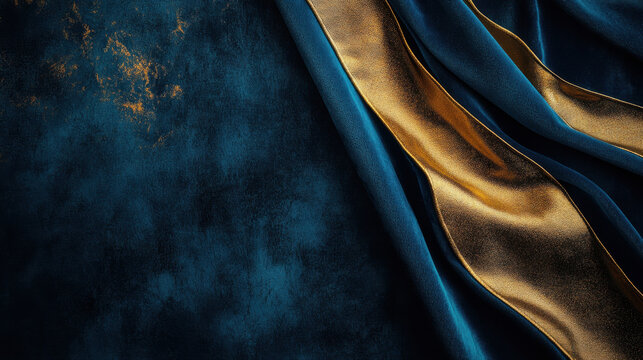 Luxurious deep blue velvet texture with subtle gold accents creates elegant and sophisticated atmosphere. interplay of colors adds depth and richness to fabric